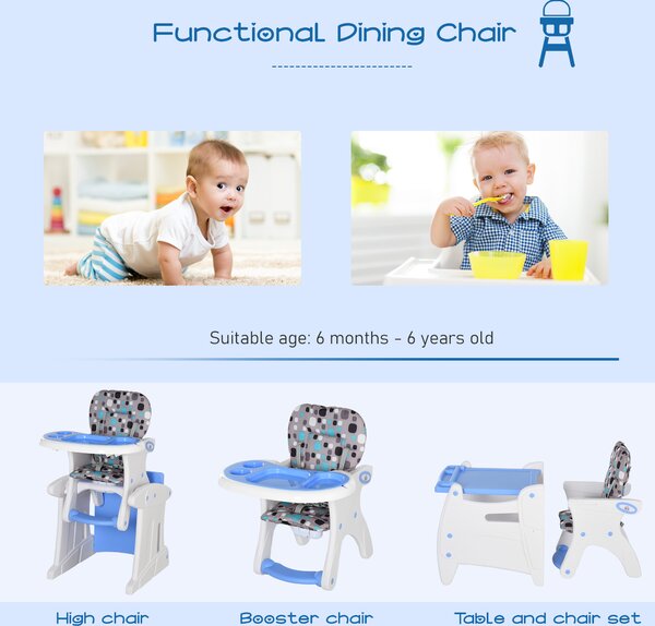HOMCOM 3-in-1 Baby Chair: Convertible Booster High Chair, Sturdy HDPE Construction, Easy-Clean Design, Space-Saving, Blue Hue Aosom UK