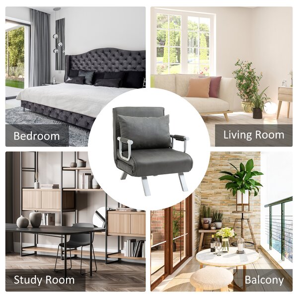 HOMCOM 2-In-1 Design Single Sofa Bed Sleeper, Foldable Armchair Bed Lounge Couch w/ Pillow, Dark Grey Aosom UK