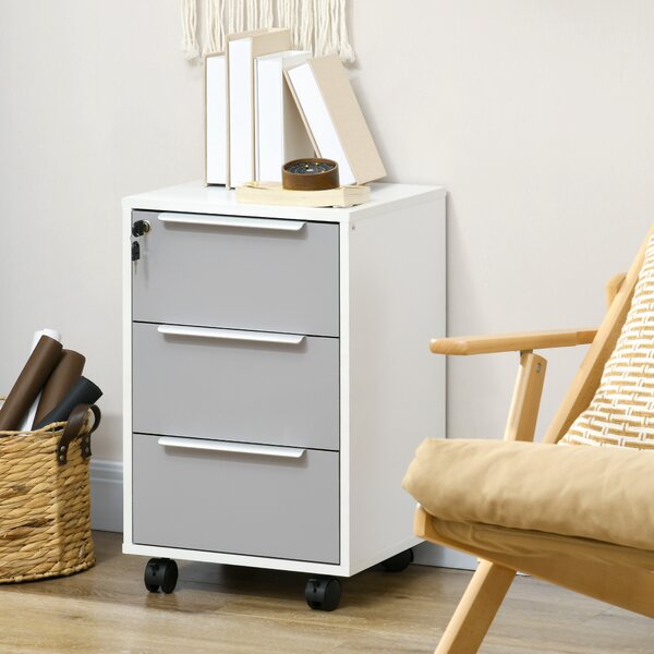 HOMCOM Mobile 3-Drawer Locking File Cabinet, Rolling Chest of Drawers, Side Table for Office, Bedroom and Living Room, White Aosom UK