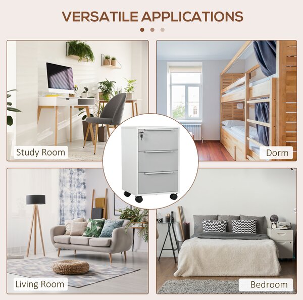 HOMCOM Mobile 3-Drawer Locking File Cabinet, Rolling Chest of Drawers, Side Table for Office, Bedroom and Living Room, White Aosom UK