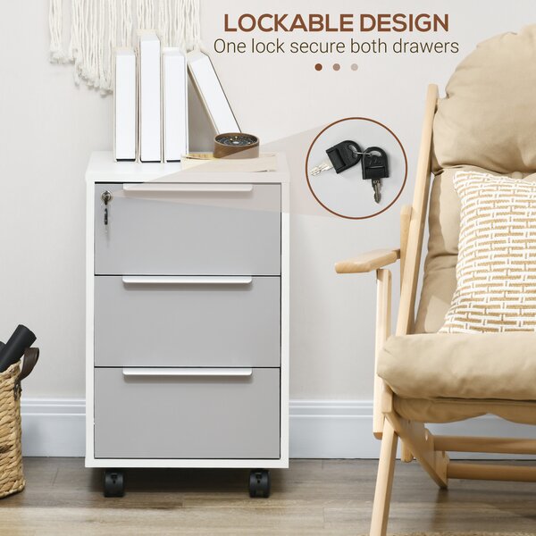 HOMCOM Mobile 3-Drawer Locking File Cabinet, Rolling Chest of Drawers, Side Table for Office, Bedroom and Living Room, White Aosom UK