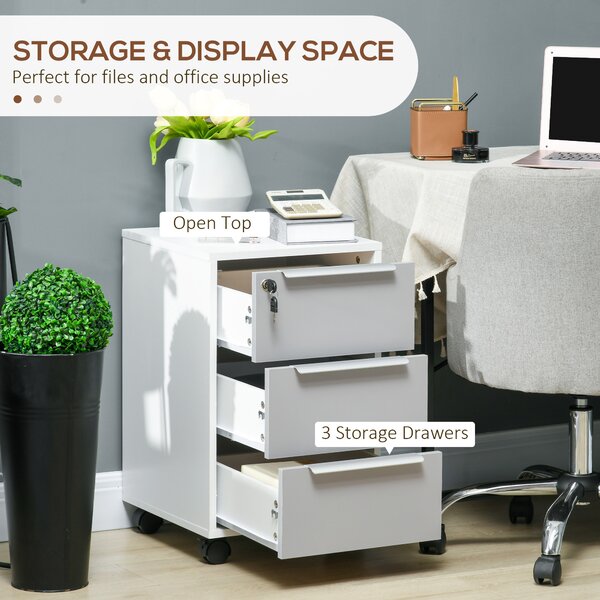 HOMCOM Mobile 3-Drawer Locking File Cabinet, Rolling Chest of Drawers, Side Table for Office, Bedroom and Living Room, White Aosom UK