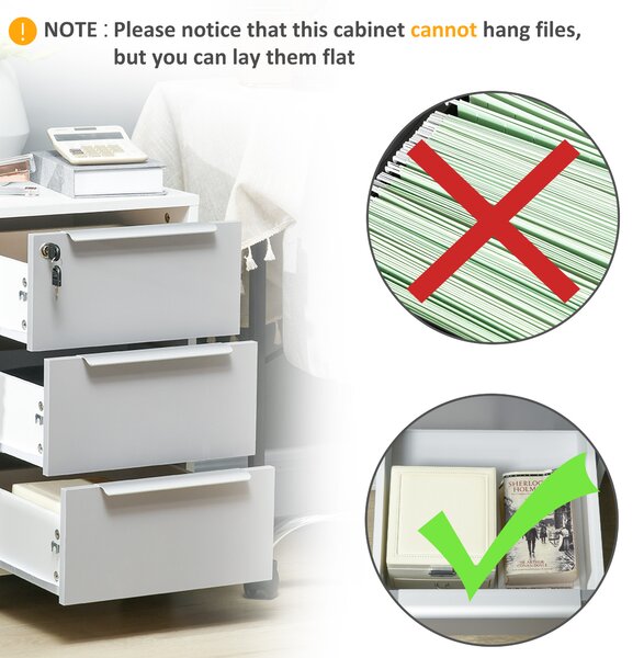 HOMCOM Mobile 3-Drawer Locking File Cabinet, Rolling Chest of Drawers, Side Table for Office, Bedroom and Living Room, White Aosom UK