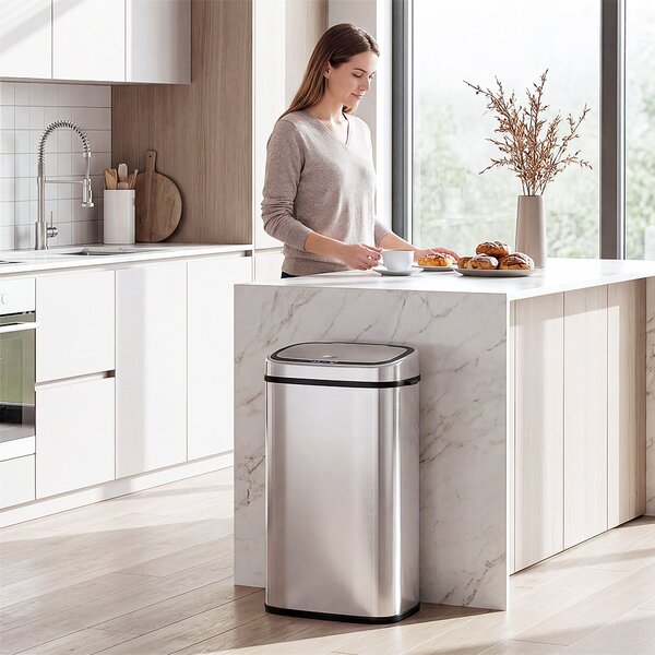HOMCOM 68L Automatic Sensor Lid Steel Kitchen Bin Silver Aosom UK