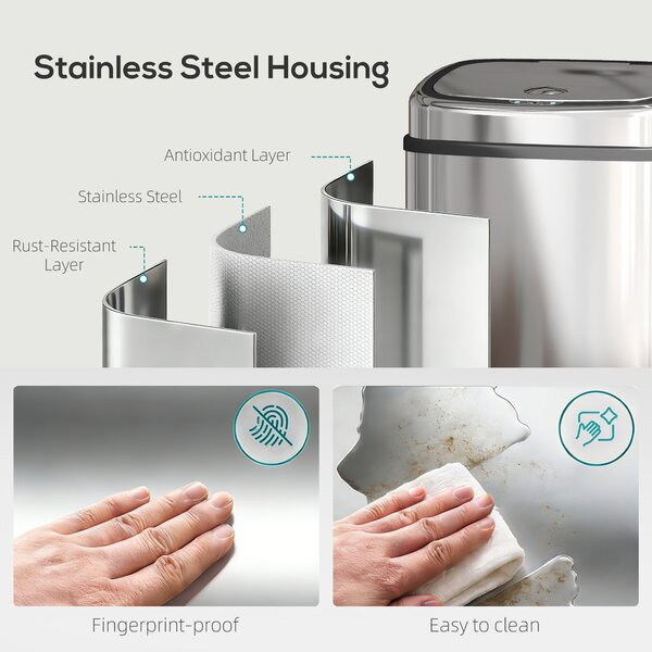 HOMCOM 68L Automatic Sensor Lid Steel Kitchen Bin Silver Aosom UK