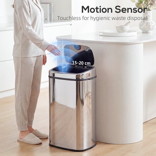 HOMCOM 68L Automatic Sensor Lid Steel Kitchen Bin Silver Aosom UK