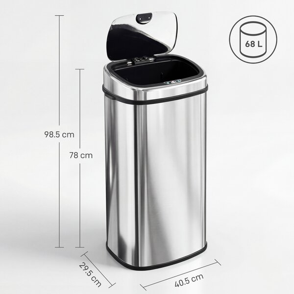 HOMCOM 68L Automatic Sensor Lid Steel Kitchen Bin Silver Aosom UK