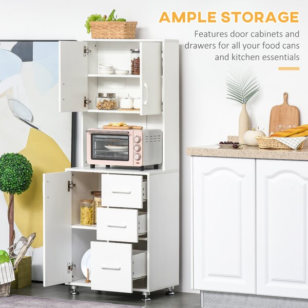 HOMCOM Modern Larder Cupboard with Storage Cabinets, Kitchen Cupboard with 3 Drawers and Open Countertop for Living Room, White Aosom UK