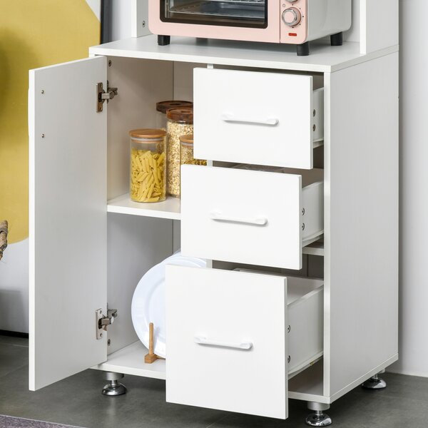 HOMCOM Modern Larder Cupboard with Storage Cabinets, Kitchen Cupboard with 3 Drawers and Open Countertop for Living Room, White Aosom UK