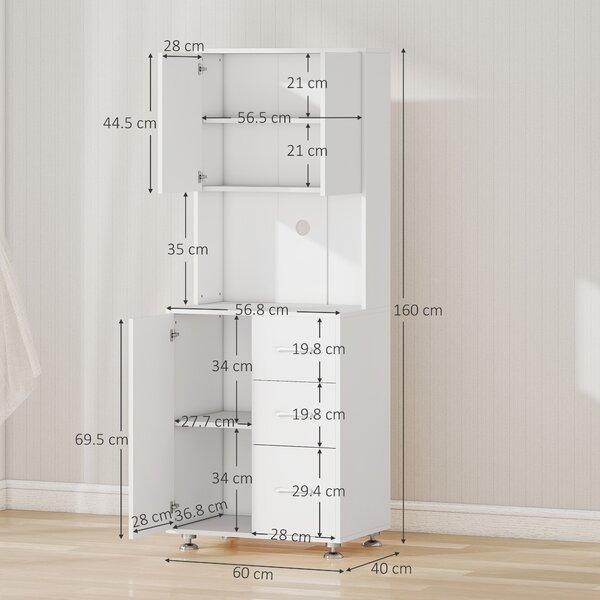 HOMCOM Modern Larder Cupboard with Storage Cabinets, Kitchen Cupboard with 3 Drawers and Open Countertop for Living Room, White Aosom UK