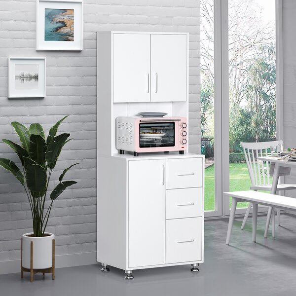 HOMCOM Modern Larder Cupboard with Storage Cabinets, Kitchen Cupboard with 3 Drawers and Open Countertop for Living Room, White Aosom UK