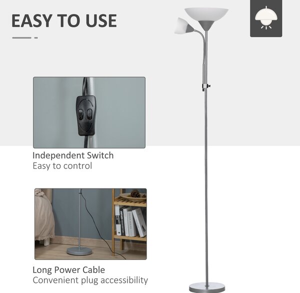 HOMCOM Modern Floor Reading Lamp 2 Adjustable Heads Light Steel Base Living Room Bedroom Office, 179.5cm Aosom UK