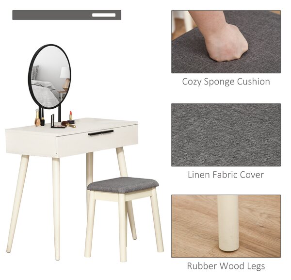HOMCOM Dressing Table Set with Round Mirror Vanity Table Set w/ Makeup Desk, Cushioned Stool, 2 Drawers for Jewelry Storage, White Aosom UK