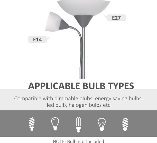 HOMCOM Modern Floor Reading Lamp 2 Adjustable Heads Light Steel Base Living Room Bedroom Office, 179.5cm Aosom UK