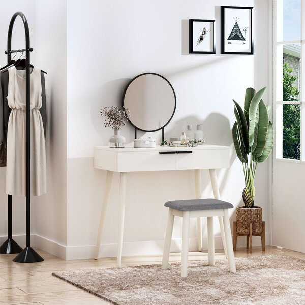 HOMCOM Dressing Table Set with Round Mirror Vanity Table Set w/ Makeup Desk, Cushioned Stool, 2 Drawers for Jewelry Storage, White Aosom UK