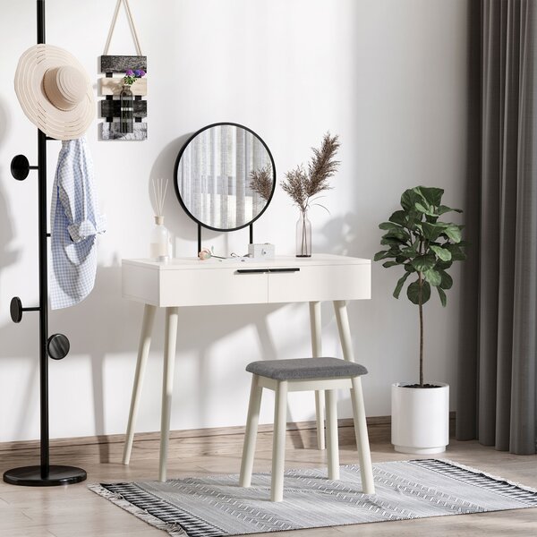 HOMCOM Dressing Table Set with Round Mirror Vanity Table Set w/ Makeup Desk, Cushioned Stool, 2 Drawers for Jewelry Storage, White Aosom UK