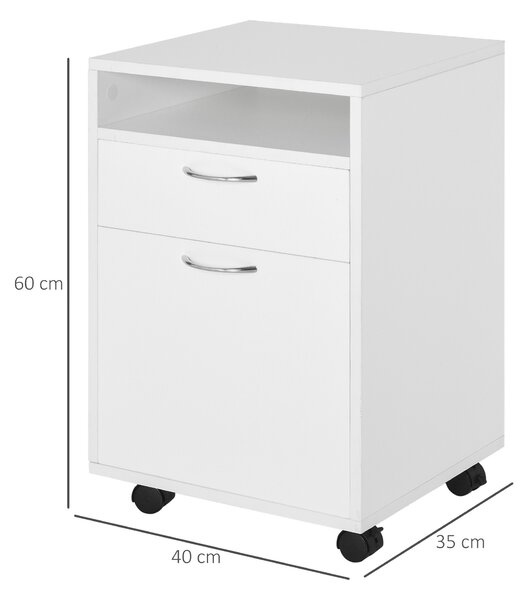 HOMCOM 60cm Storage Cabinet w/ Drawer Open Shelf Metal Handles 4 Wheels Office Home Organiser Mobile Printer White Aosom UK