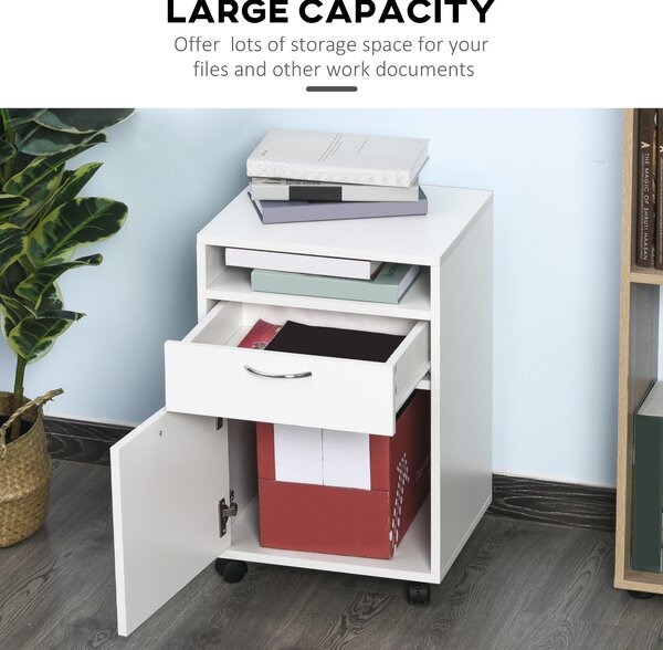 HOMCOM 60cm Storage Cabinet w/ Drawer Open Shelf Metal Handles 4 Wheels Office Home Organiser Mobile Printer White Aosom UK
