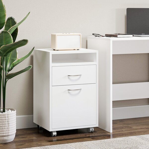 HOMCOM 60cm Storage Cabinet w/ Drawer Open Shelf Metal Handles 4 Wheels Office Home Organiser Mobile Printer White Aosom UK