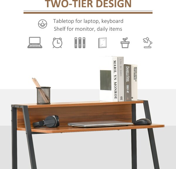 HOMCOM 2-Tier Writing Desk, Computer Table with Storage Shelf and Slimline Frame, PC Laptop Desk, Gaming Workstation, Walnut Aosom UK