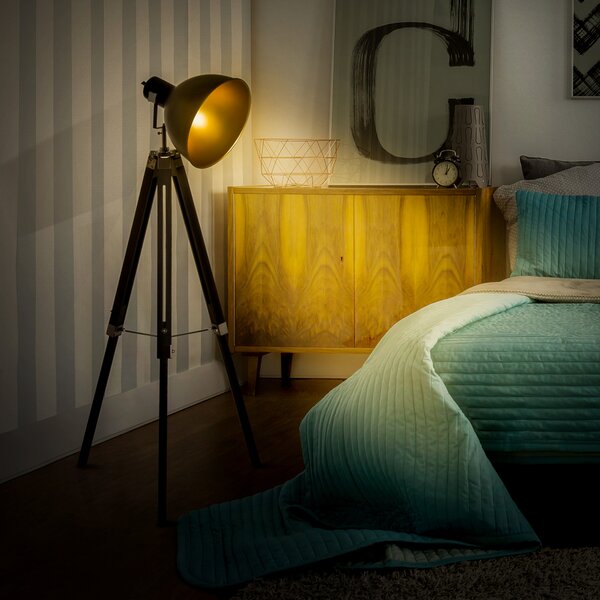 HOMCOM Tripod Spotlight: Wooden Legs, Metallic Shade, Stylish Illumination for Studios, Black & Gold Aosom UK