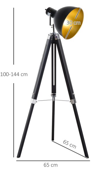 HOMCOM Tripod Spotlight: Wooden Legs, Metallic Shade, Stylish Illumination for Studios, Black & Gold Aosom UK