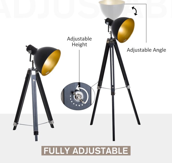 HOMCOM Tripod Spotlight: Wooden Legs, Metallic Shade, Stylish Illumination for Studios, Black & Gold Aosom UK