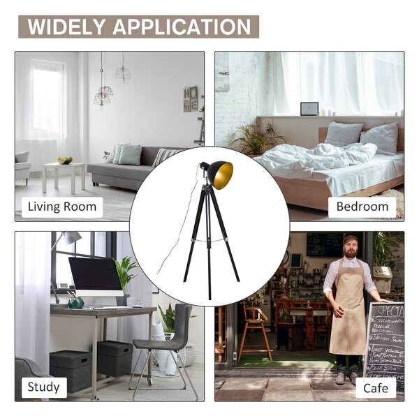 HOMCOM Tripod Spotlight: Wooden Legs, Metallic Shade, Stylish Illumination for Studios, Black & Gold Aosom UK