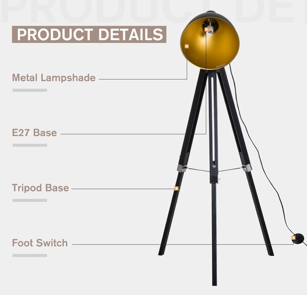 HOMCOM Tripod Spotlight: Wooden Legs, Metallic Shade, Stylish Illumination for Studios, Black & Gold Aosom UK