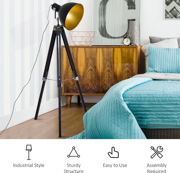 HOMCOM Tripod Spotlight: Wooden Legs, Metallic Shade, Stylish Illumination for Studios, Black & Gold Aosom UK