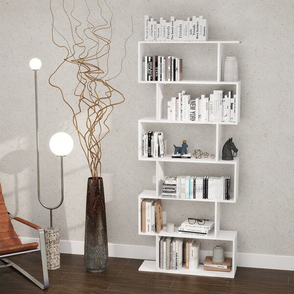 HOMCOM Wooden Wood S Shape Storage Display 6 Shelves Room Divider Unit Chest Bookshelf Bookcase Cupboard Cabinet Office Furniture, White Aosom UK