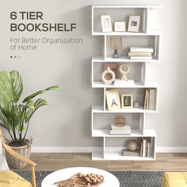 HOMCOM Wooden Wood S Shape Storage Display 6 Shelves Room Divider Unit Chest Bookshelf Bookcase Cupboard Cabinet Office Furniture, White Aosom UK