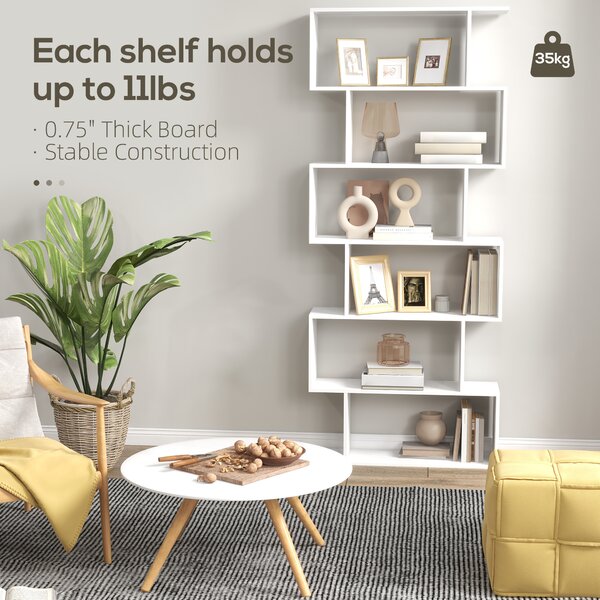 HOMCOM Wooden Wood S Shape Storage Display 6 Shelves Room Divider Unit Chest Bookshelf Bookcase Cupboard Cabinet Office Furniture, White Aosom UK