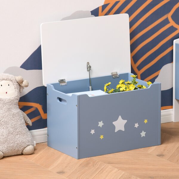 HOMCOM Children's Toy Storage Box, Wooden Chest with Safety Hinge and Air Vents, Side Handles, Blue Aosom UK