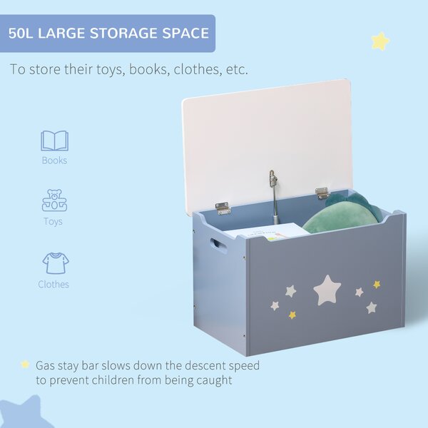 HOMCOM Children's Toy Storage Box, Wooden Chest with Safety Hinge and Air Vents, Side Handles, Blue Aosom UK