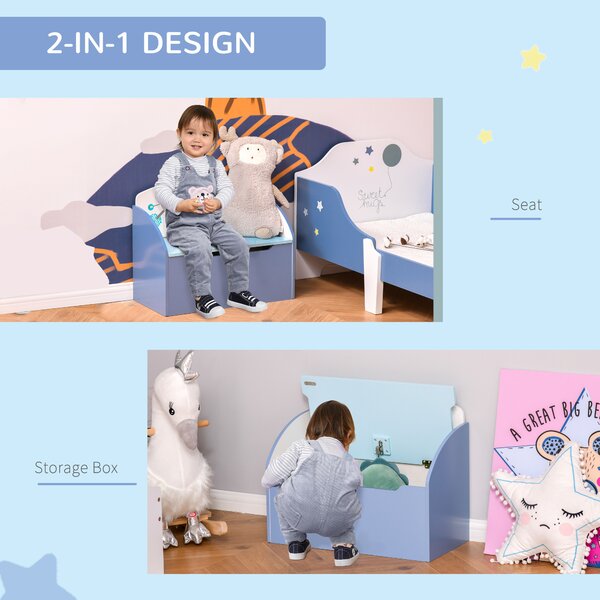 HOMCOM Kids Blue Wooden Toy Storage Chest, 2 in 1 Chair Design with Safety Hinge, 60 x 30 x 50 cm Aosom UK
