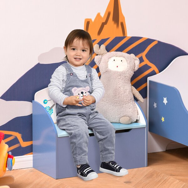 HOMCOM Kids Blue Wooden Toy Storage Chest, 2 in 1 Chair Design with Safety Hinge, 60 x 30 x 50 cm Aosom UK