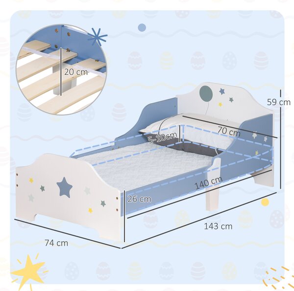 HOMCOM Kids Toddler Wooden Bed Round Edged with Guardrails Stars Image 143 x 74 x 59 cm Blue Aosom UK