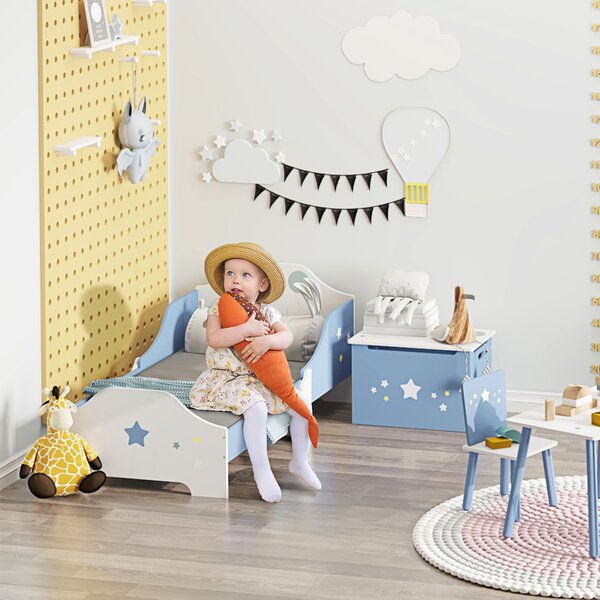 HOMCOM Kids Toddler Wooden Bed Round Edged with Guardrails Stars Image 143 x 74 x 59 cm Blue Aosom UK