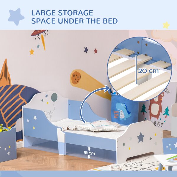 HOMCOM Kids Toddler Wooden Bed Round Edged with Guardrails Stars Image 143 x 74 x 59 cm Blue Aosom UK