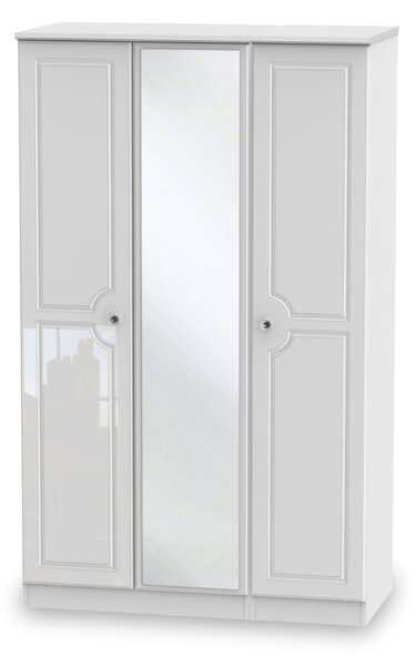 Kinsley White Gloss Contemporary Triple Wardrobe with Central Mirror | Roseland Furniture