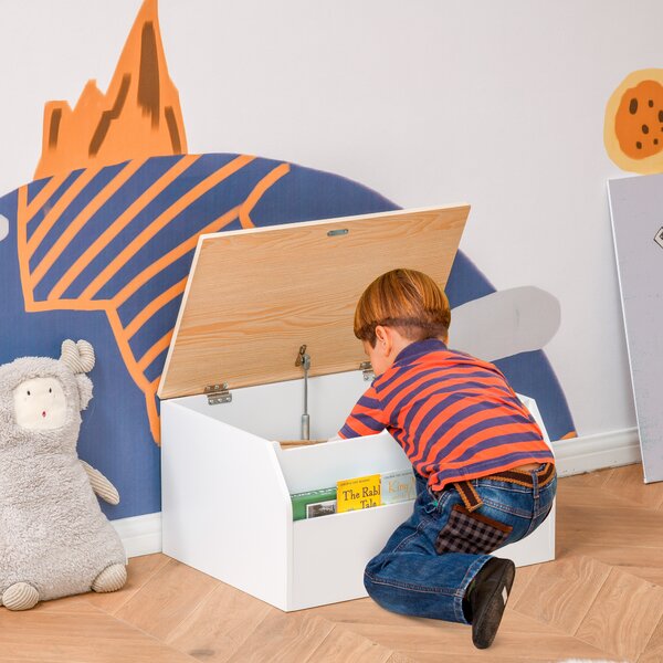 HOMCOM Toy Storage Organizer Wooden Toy Box with Book Slot, the Lid Fitted with a Gas Rod, Safe for Children, White Aosom UK