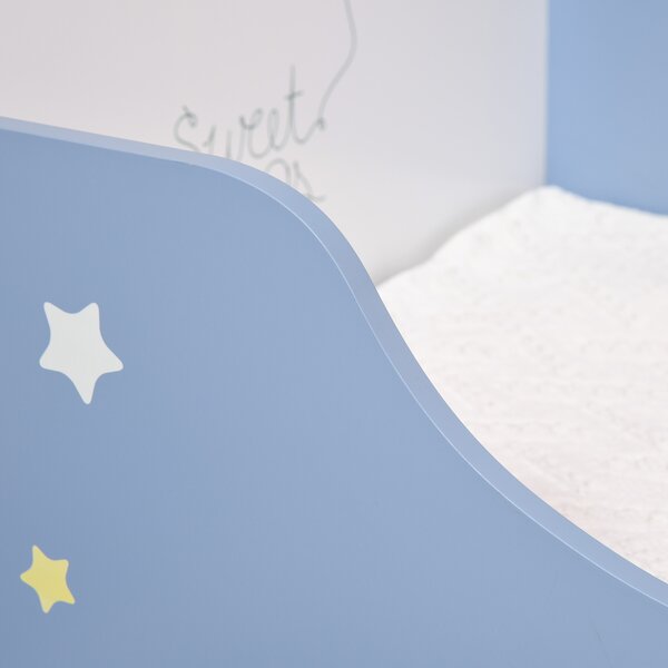 HOMCOM Kids Toddler Wooden Bed Round Edged with Guardrails Stars Image 143 x 74 x 59 cm Blue Aosom UK