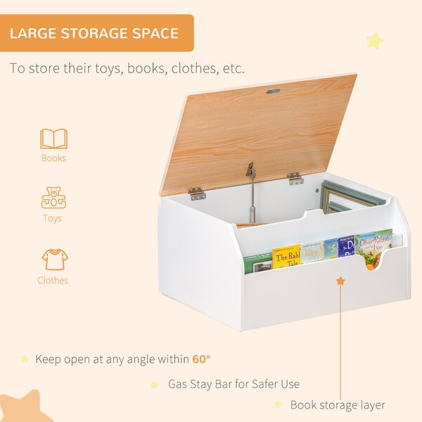 HOMCOM Toy Storage Organizer Wooden Toy Box with Book Slot, the Lid Fitted with a Gas Rod, Safe for Children, White Aosom UK