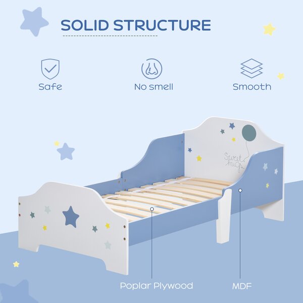 HOMCOM Kids Toddler Wooden Bed Round Edged with Guardrails Stars Image 143 x 74 x 59 cm Blue Aosom UK
