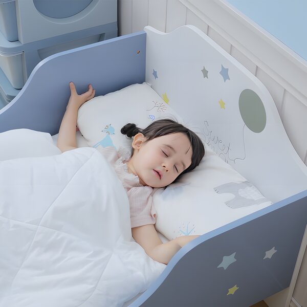 HOMCOM Kids Toddler Wooden Bed Round Edged with Guardrails Stars Image 143 x 74 x 59 cm Blue Aosom UK
