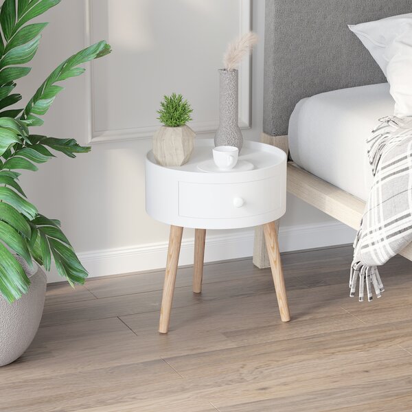 HOMCOM Modern Round Coffee Table, Wooden Side Table with Drawer, Wood Legs, Living Room Storage, White Aosom UK