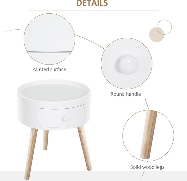 HOMCOM Modern Round Coffee Table, Wooden Side Table with Drawer, Wood Legs, Living Room Storage, White Aosom UK