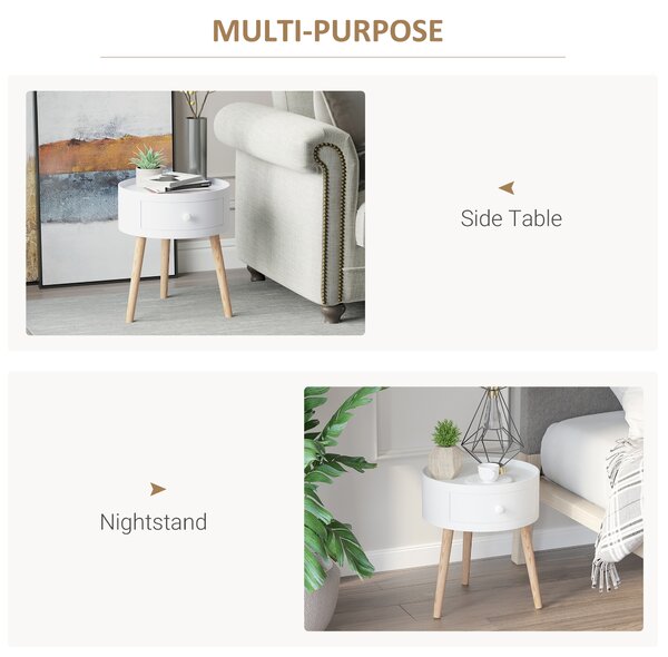 HOMCOM Modern Round Coffee Table, Wooden Side Table with Drawer, Wood Legs, Living Room Storage, White Aosom UK