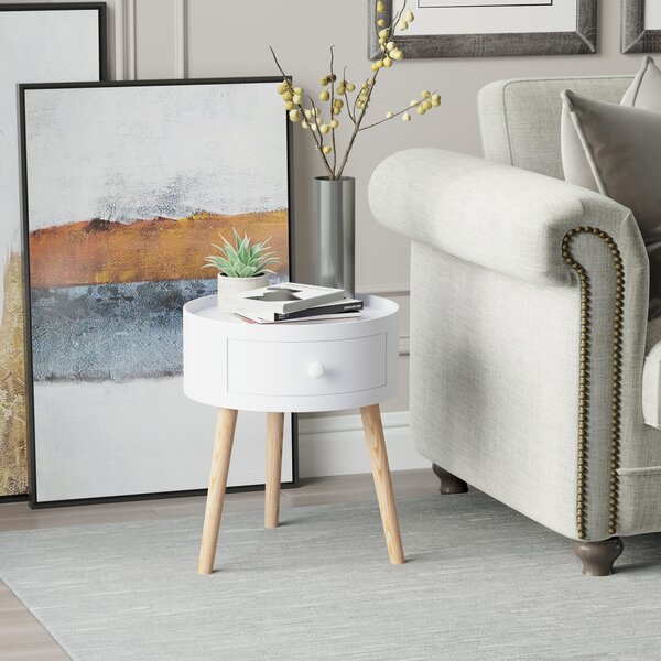 HOMCOM Modern Round Coffee Table, Wooden Side Table with Drawer, Wood Legs, Living Room Storage, White Aosom UK